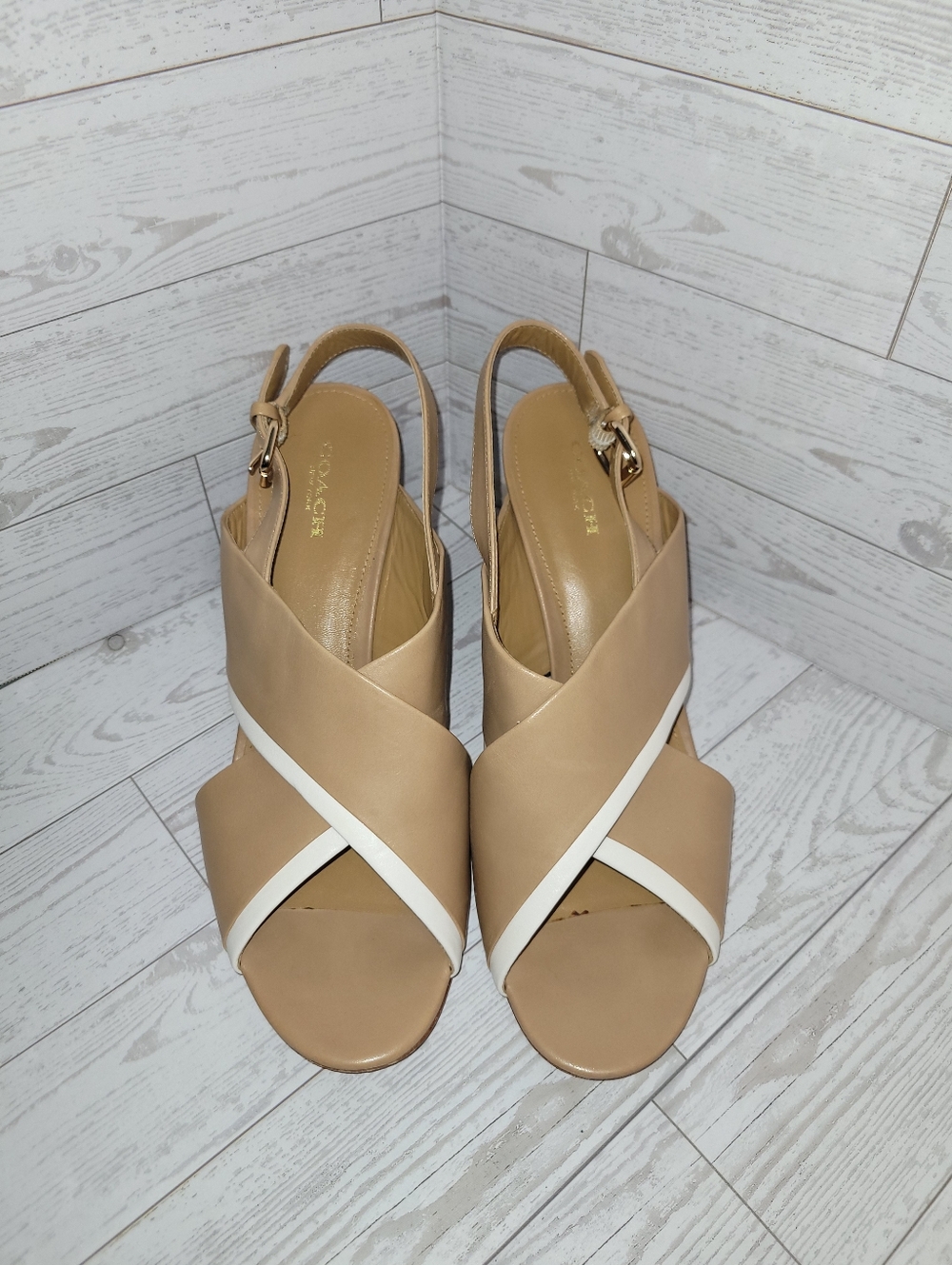 Coach Randy Wedge Sandals In Tan And White Womens Size 9B